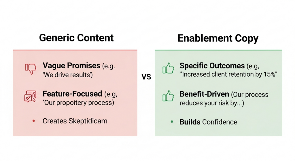 chart showing the differences between generic content and sales enablement copywriting assets.